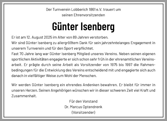 Traueranzeige von Günter Isenberg von trauer.extra-tipp-moenchengladbach.de