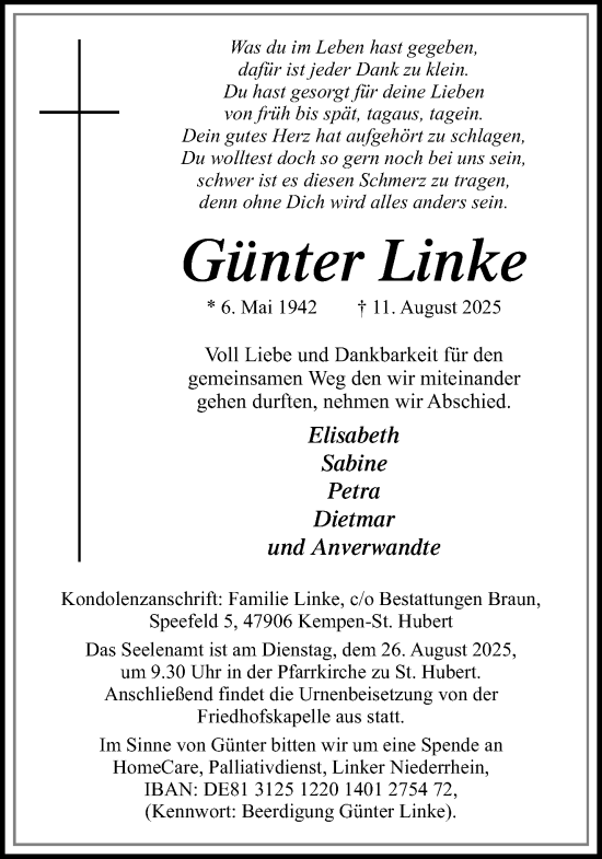 Traueranzeige von Günter Linke von trauer.extra-tipp-moenchengladbach.de