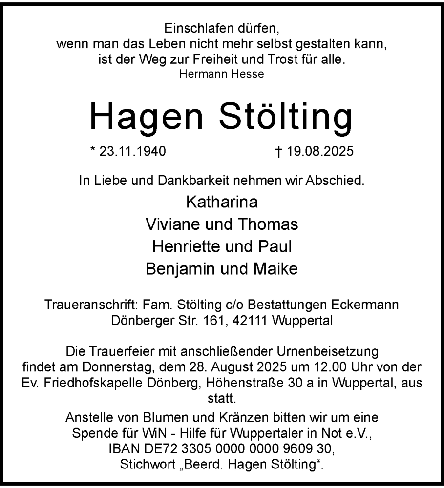  Traueranzeige für Hagen Stölting vom 23.08.2025 aus trauer.wuppertaler-rundschau.de