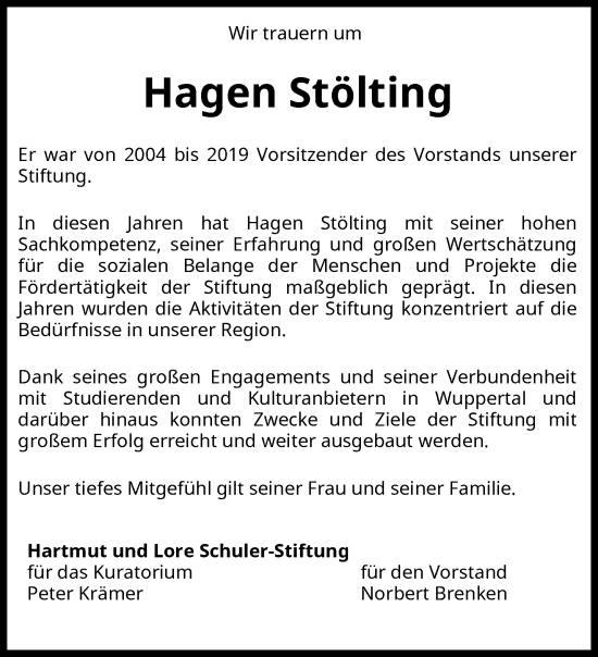 Traueranzeige von Hagen Stölting von trauer.wuppertaler-rundschau.de