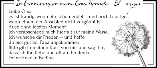 Traueranzeige von Hannelore Blaumeiser von trauer.extra-tipp-moenchengladbach.de