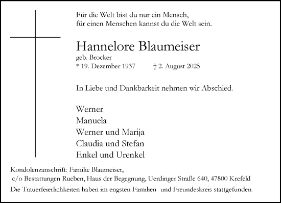 Traueranzeige von Hannelore Blaumeiser von trauer.extra-tipp-moenchengladbach.de