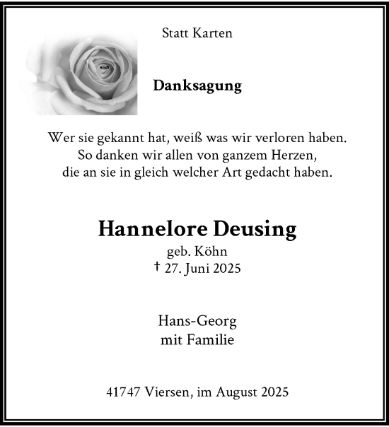 Traueranzeige von Hannelore Deusing von trauer.extra-tipp-moenchengladbach.de