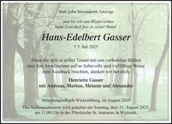 Traueranzeige von Hans-Edelbert Gasser von trauer.extra-tipp-moenchengladbach.de
