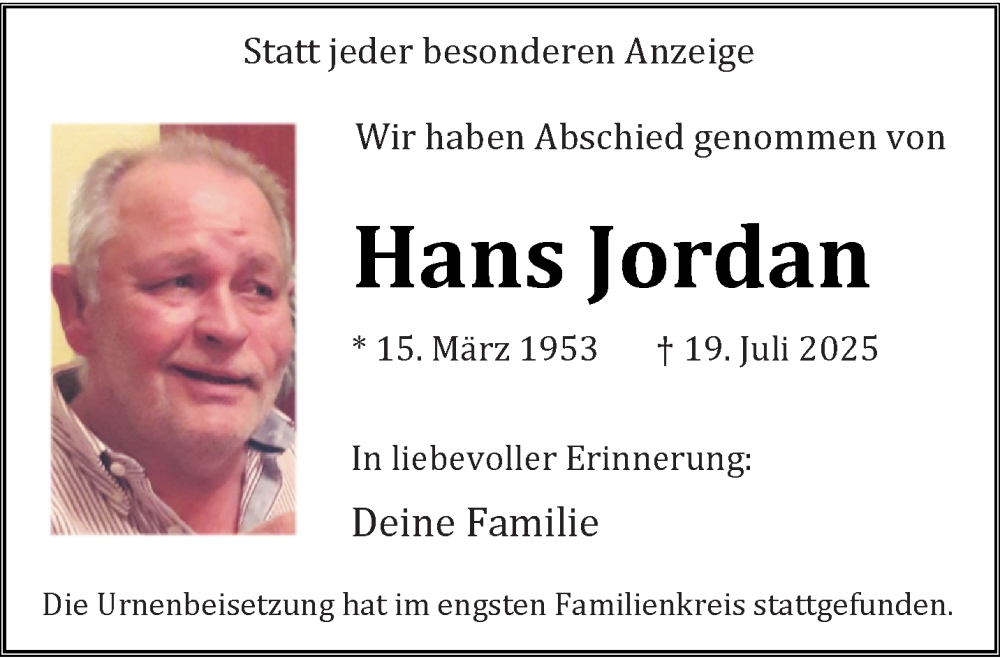  Traueranzeige für Hans Jordan vom 10.08.2025 aus trauer.extra-tipp-moenchengladbach.de