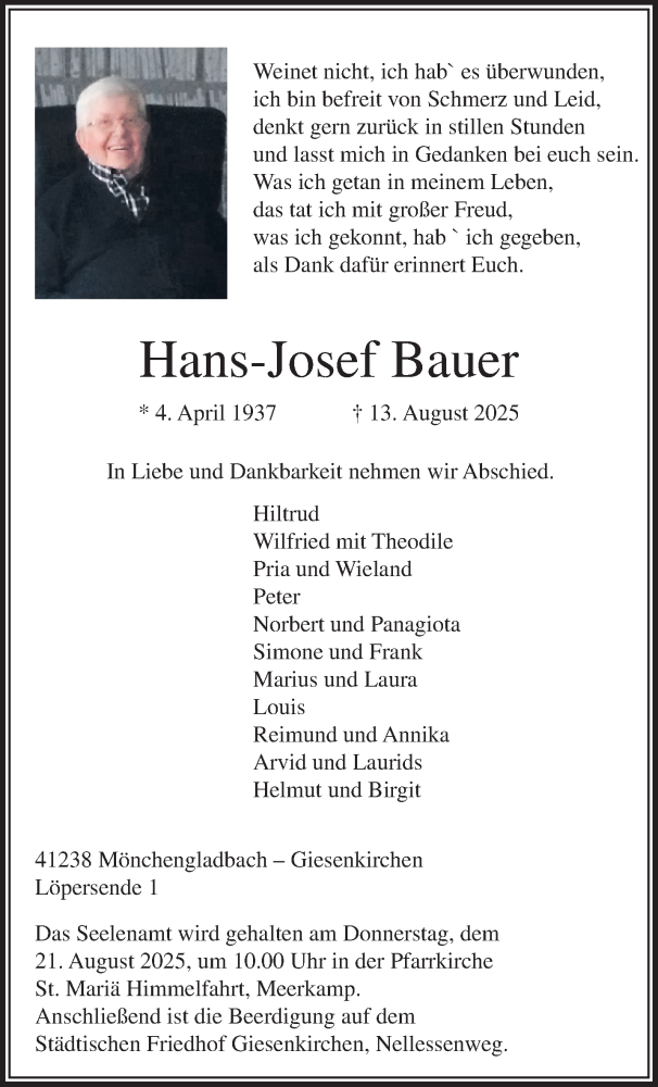  Traueranzeige für Hans-Josef Bauer vom 17.08.2025 aus trauer.extra-tipp-moenchengladbach.de