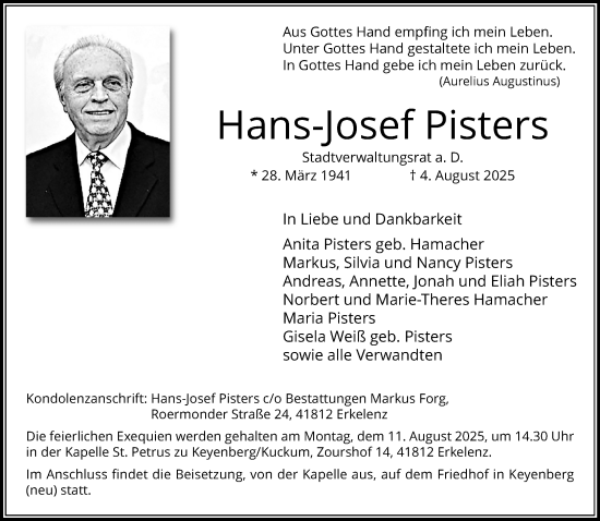 Traueranzeige von Hans-Josef Pisters von trauer.extra-tipp-moenchengladbach.de