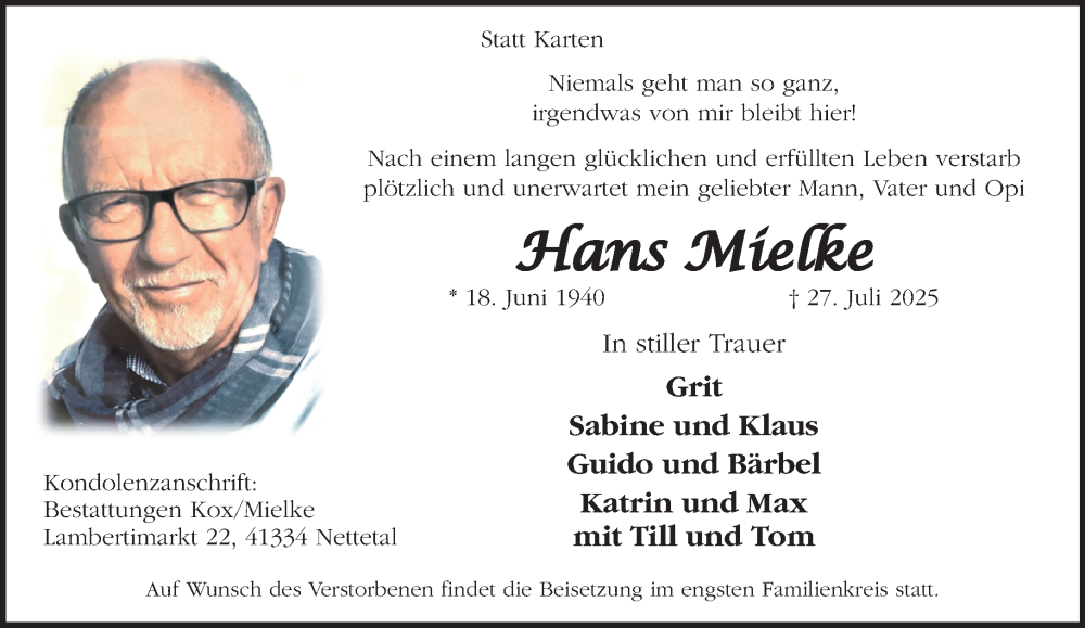 Traueranzeige für Hans Mielke vom 03.08.2025 aus trauer.extra-tipp-moenchengladbach.de