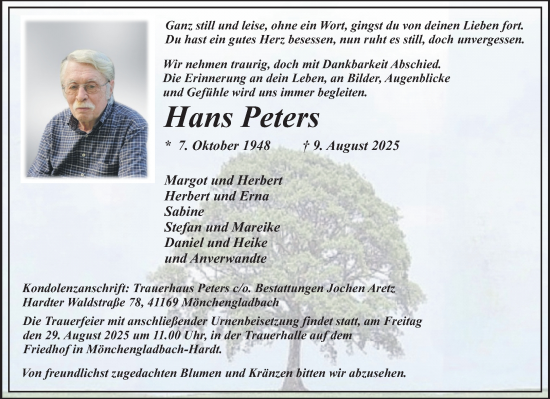 Traueranzeige von Hans Peters von trauer.extra-tipp-moenchengladbach.de