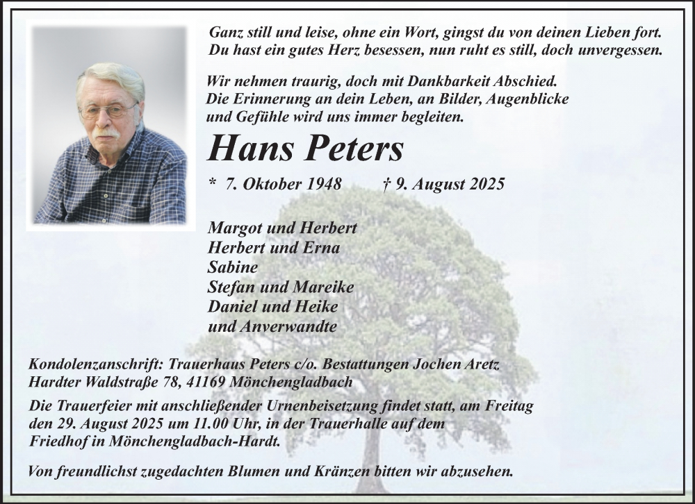  Traueranzeige für Hans Peters vom 24.08.2025 aus trauer.extra-tipp-moenchengladbach.de