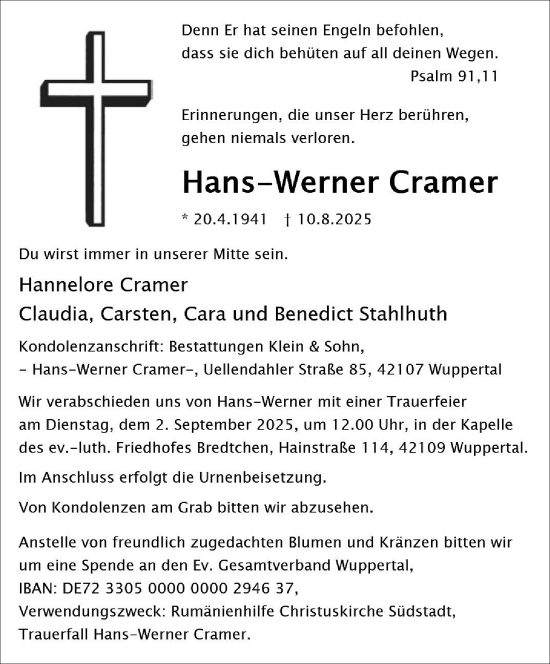 Traueranzeige von Hans-Werner Cramer von trauer.wuppertaler-rundschau.de