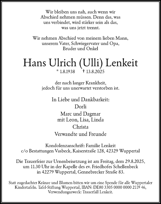 Traueranzeige von Hans Ulrich Lenkeit von trauer.wuppertaler-rundschau.de