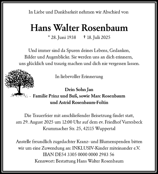 Traueranzeige von Hans Walter Rosenbaum von trauer.wuppertaler-rundschau.de