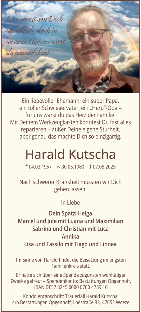 Traueranzeige von Harald Kutscha von trauer.extra-tipp-moenchengladbach.de