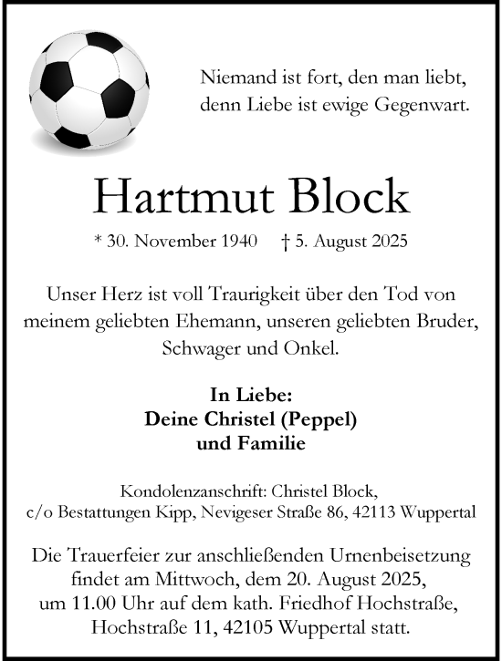 Traueranzeige von Hartmut Block von trauer.wuppertaler-rundschau.de