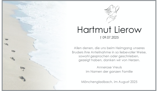 Traueranzeige von Hartmut Lierow von trauer.extra-tipp-moenchengladbach.de