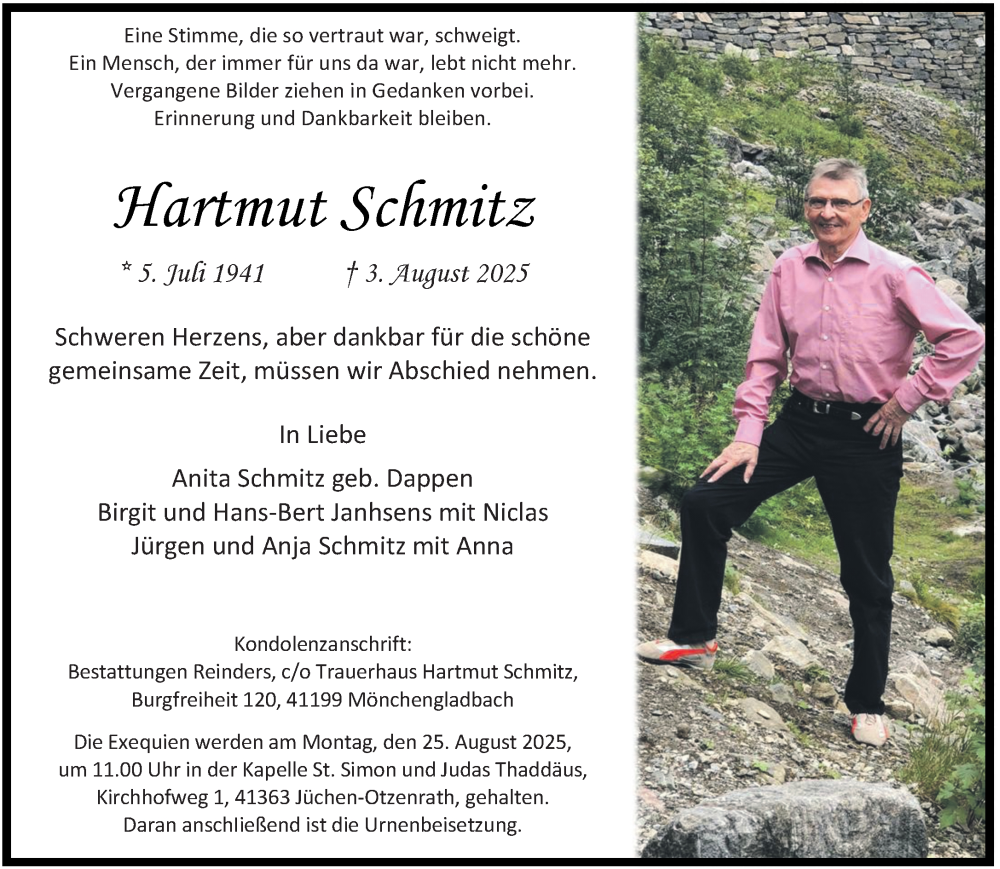  Traueranzeige für Hartmut Schmitz vom 16.08.2025 aus trauer.stadt-kurier.de