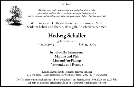 Traueranzeige von Hedwig Schaller von trauer.wuppertaler-rundschau.de