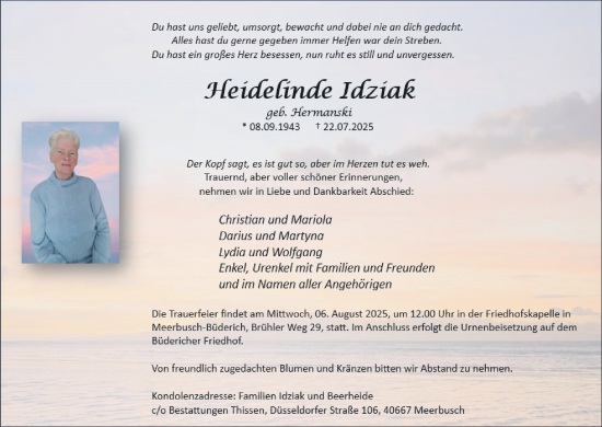 Traueranzeige von Heidelinde Idziak von trauer.extra-tipp-moenchengladbach.de