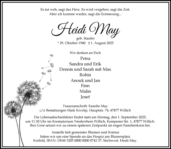 Traueranzeige von Heidi May von trauer.extra-tipp-moenchengladbach.de