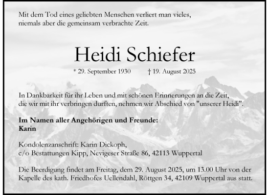 Traueranzeige von Heidi Schiefer von trauer.wuppertaler-rundschau.de