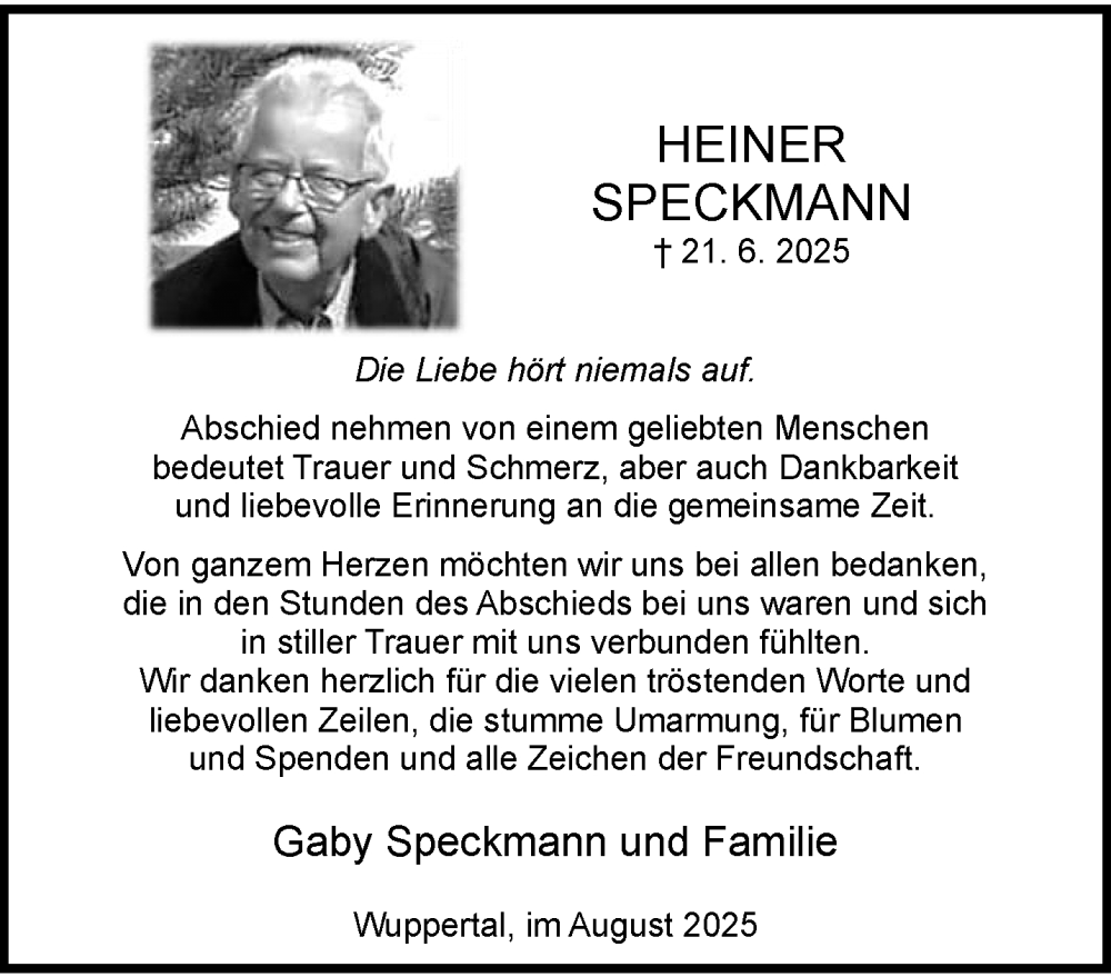  Traueranzeige für Heiner Speckmann vom 09.08.2025 aus trauer.wuppertaler-rundschau.de