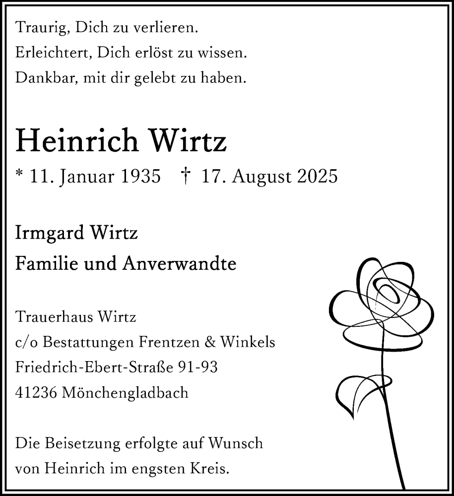  Traueranzeige für Heinrich Wirtz vom 31.08.2025 aus trauer.extra-tipp-moenchengladbach.de