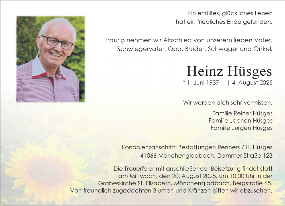  Traueranzeige für Heinz Hüsges vom 17.08.2025 aus trauer.extra-tipp-moenchengladbach.de