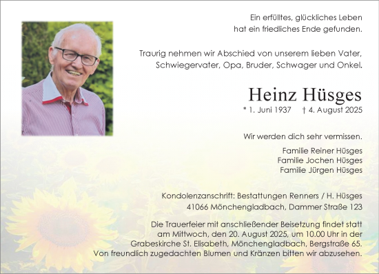 Traueranzeige von Heinz Hüsges von trauer.extra-tipp-moenchengladbach.de