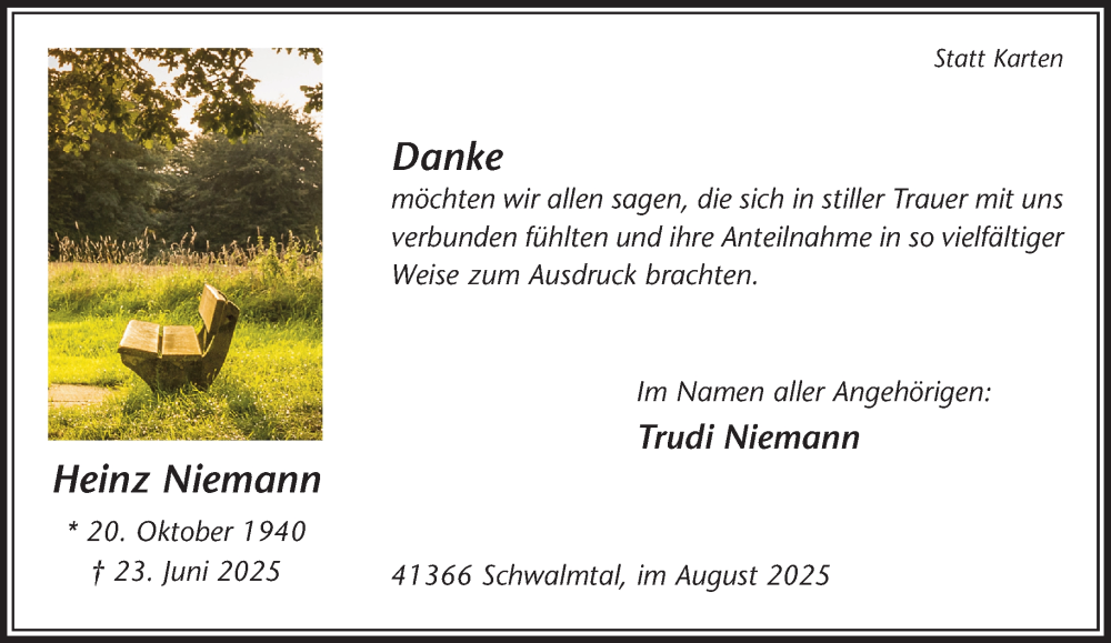  Traueranzeige für Heinz Niemann vom 03.08.2025 aus trauer.extra-tipp-moenchengladbach.de