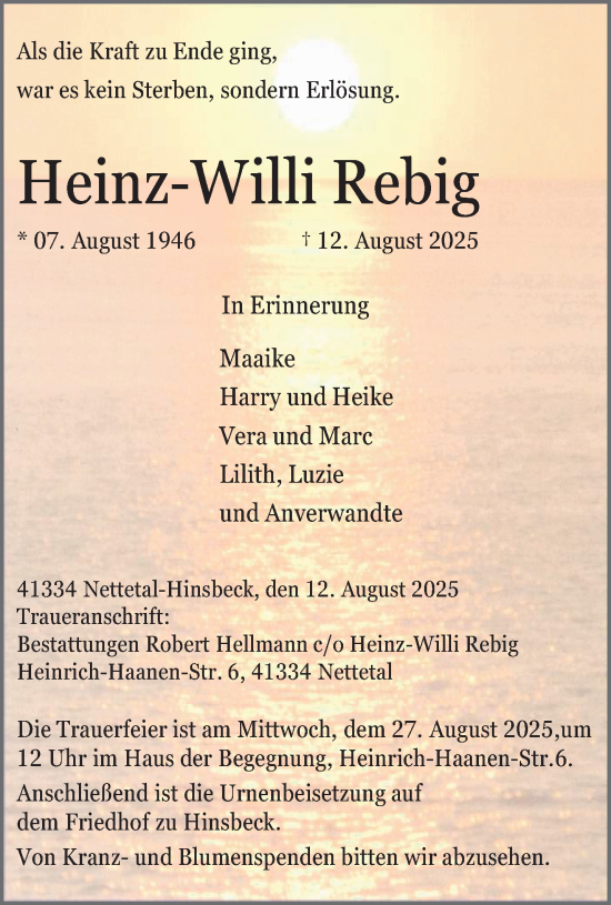 Traueranzeige von Heinz-Willi Rebig von trauer.extra-tipp-moenchengladbach.de