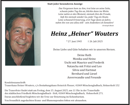 Traueranzeige von Heinz Wouters von trauer.extra-tipp-moenchengladbach.de