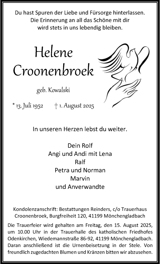Traueranzeige von Helene Croonenbroek von trauer.extra-tipp-moenchengladbach.de