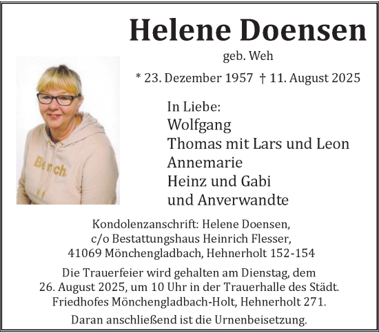 Traueranzeige von Helene Doensen von trauer.extra-tipp-moenchengladbach.de