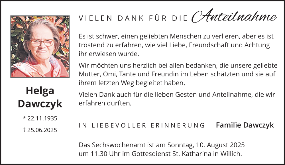  Traueranzeige für Helga Dawczyk vom 03.08.2025 aus trauer.extra-tipp-moenchengladbach.de