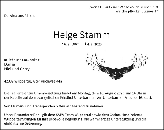 Traueranzeige von Helge Stamm von trauer.wuppertaler-rundschau.de