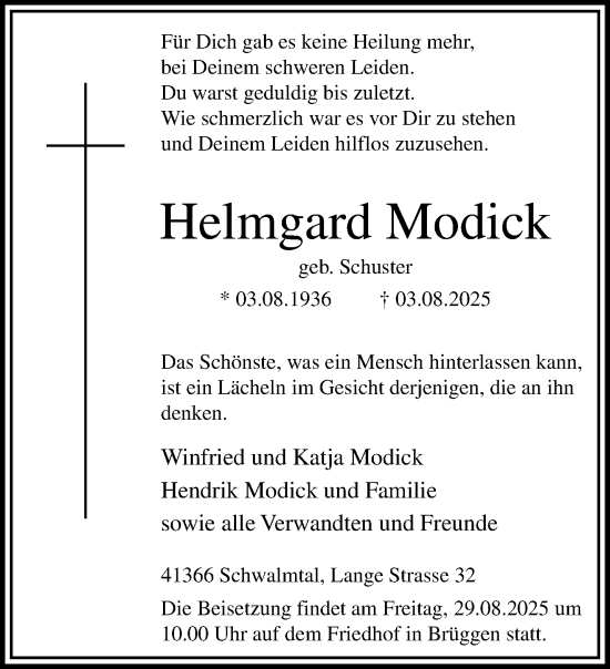 Traueranzeige von Helmgard Modick von trauer.extra-tipp-moenchengladbach.de