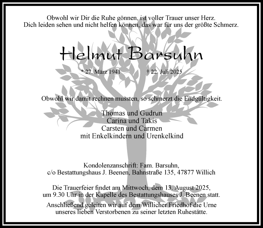 Traueranzeige für Helmut Barsuhn vom 10.08.2025 aus trauer.extra-tipp-moenchengladbach.de