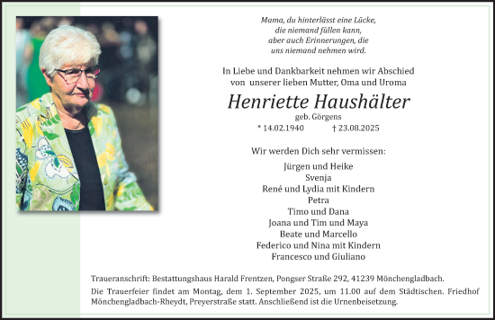 Traueranzeige von Henriette Haushälter von trauer.extra-tipp-moenchengladbach.de