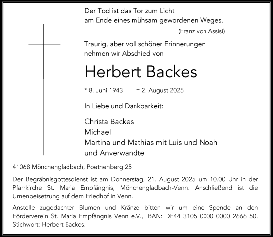 Traueranzeige von Herbert Backes von trauer.extra-tipp-moenchengladbach.de
