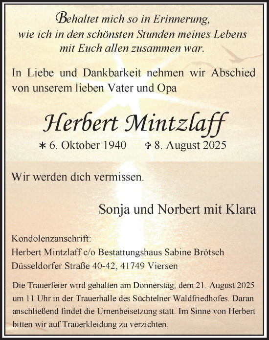 Traueranzeige von Herbert Mintzlaff von trauer.extra-tipp-moenchengladbach.de