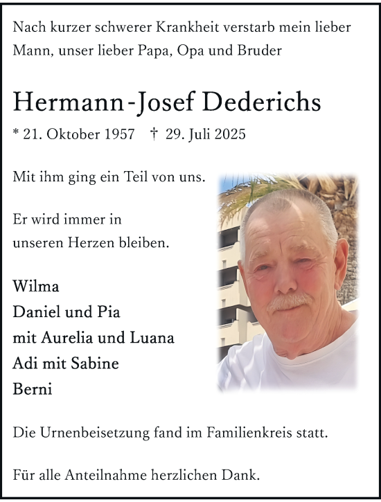 Traueranzeige von Hermann-Josef Dederichs von trauer.extra-tipp-moenchengladbach.de