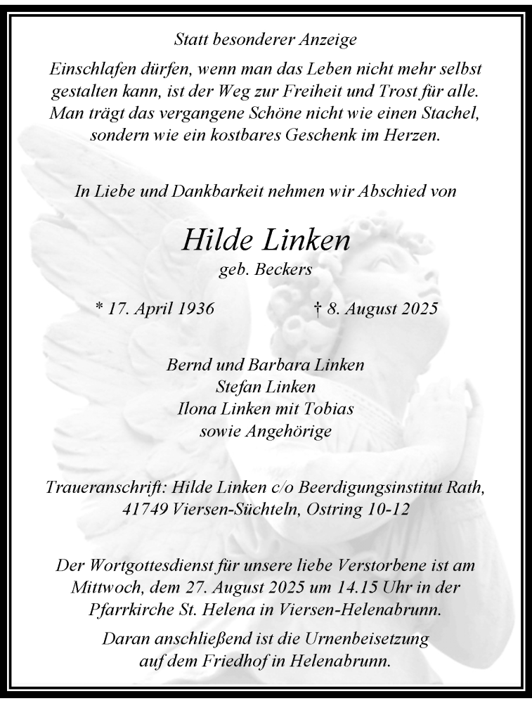  Traueranzeige für Hilde Linken vom 24.08.2025 aus trauer.extra-tipp-moenchengladbach.de
