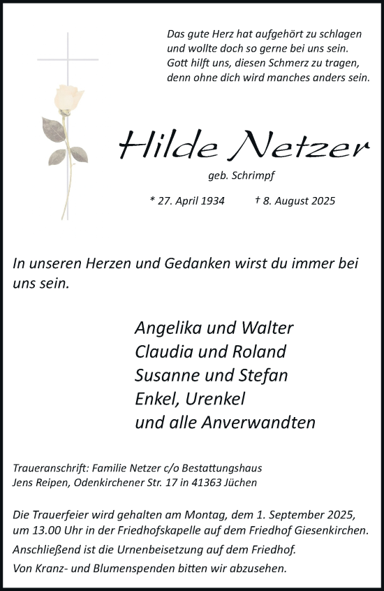 Traueranzeige von Hilde Netzer von trauer.stadt-kurier.de