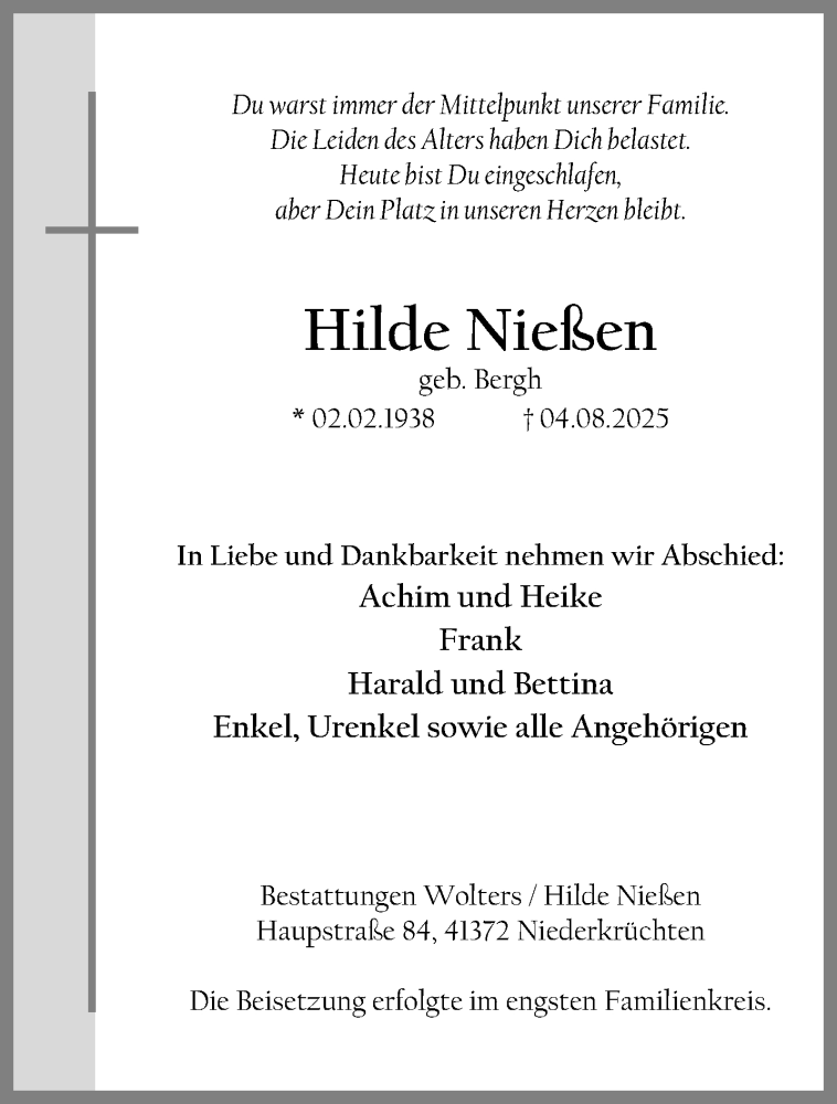  Traueranzeige für Hilde Nießen vom 17.08.2025 aus trauer.extra-tipp-moenchengladbach.de