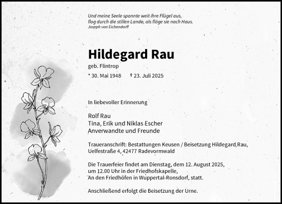 Traueranzeige von Hildegard Rau von trauer.wuppertaler-rundschau.de