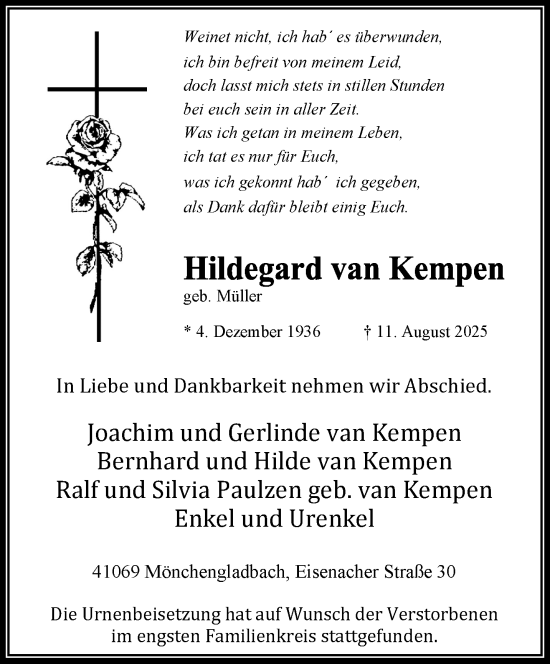 Traueranzeige von Hildegard van Kempen von trauer.extra-tipp-moenchengladbach.de
