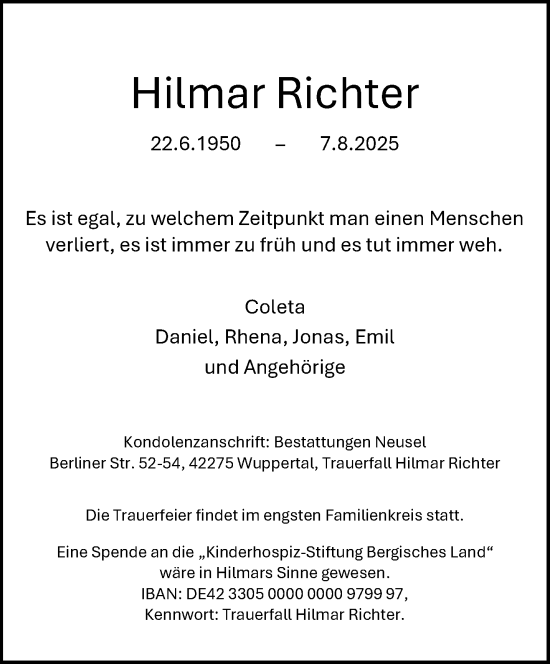 Traueranzeige von Hilmar Richter von trauer.wuppertaler-rundschau.de