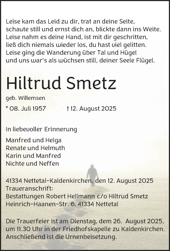 Traueranzeige von Hiltrud Smetz von trauer.extra-tipp-moenchengladbach.de