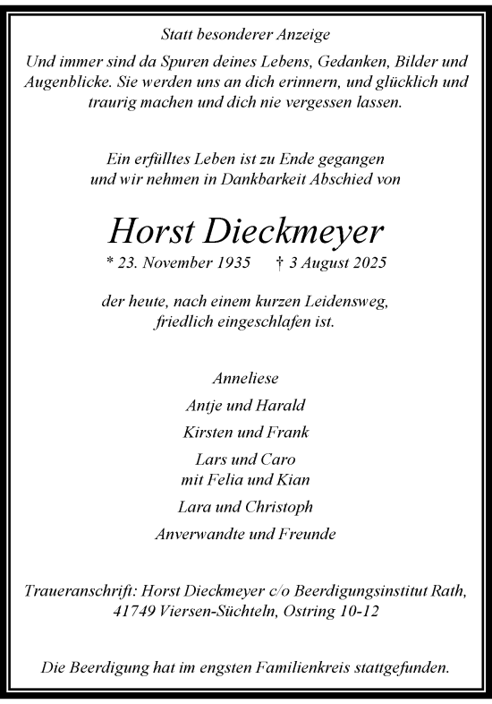 Traueranzeige von Horst Dieckmeyer von trauer.extra-tipp-moenchengladbach.de